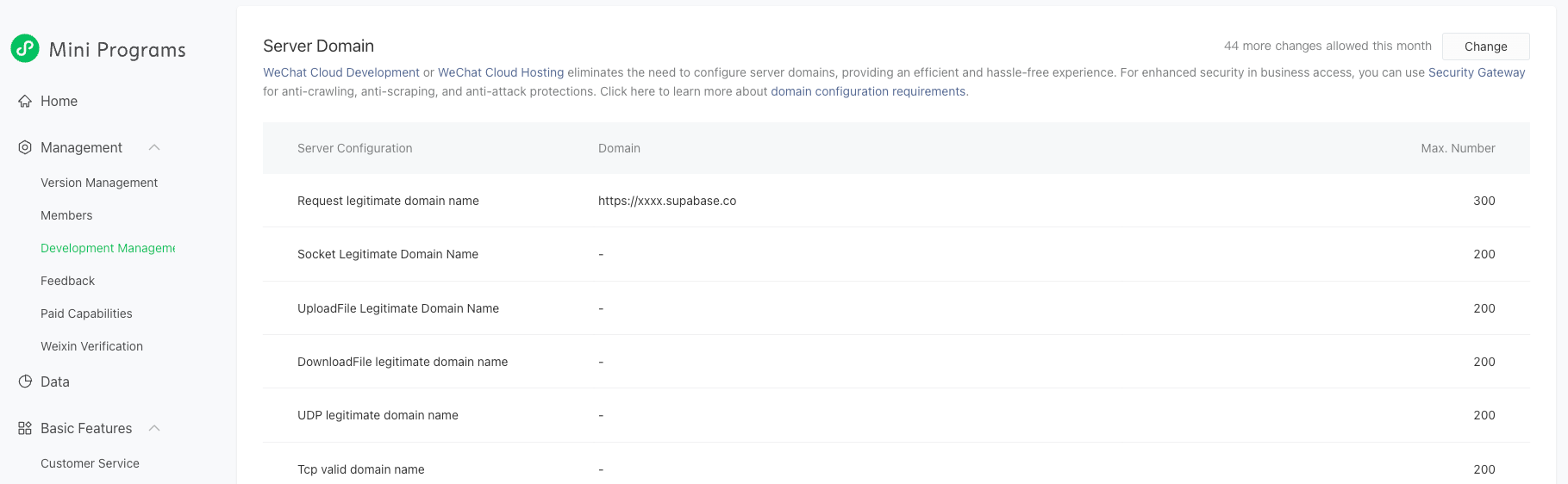 Server Domain configuration page in WeChat Mini Programs
